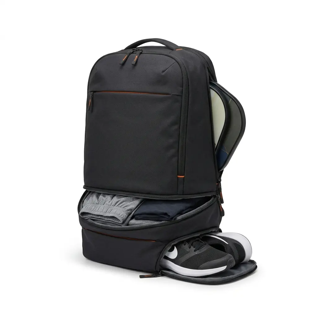 Commuter Backpack 02, a slim pickleball commuter backpack with extra storage for gym clothes and shoes, plus a separate sleeve for 1–2 paddles.