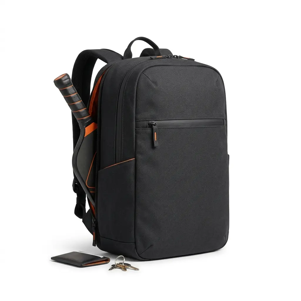 Commuter Backpack 03, a compact city commuter pickleball bag for light carry: paddles, tablet, wallet, and keys.