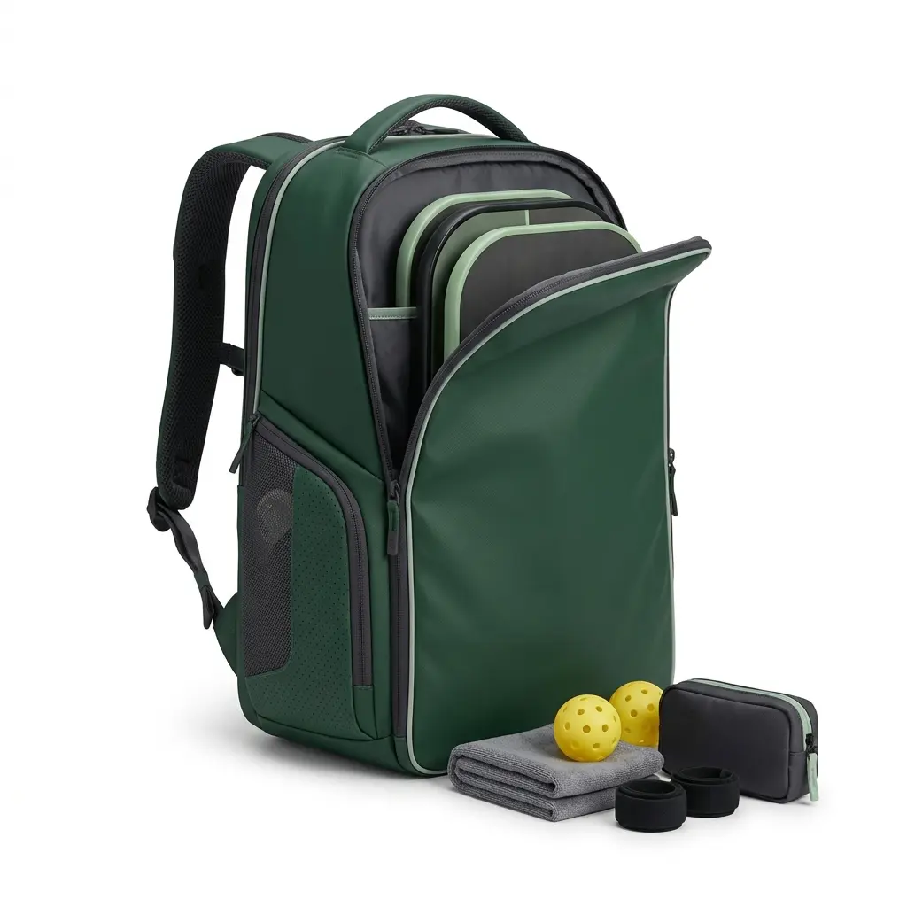 Tournament Backpack 01, backpack-style tournament bag for 3–4 paddles with ventilated shoe section and balanced carry for long days at the court.