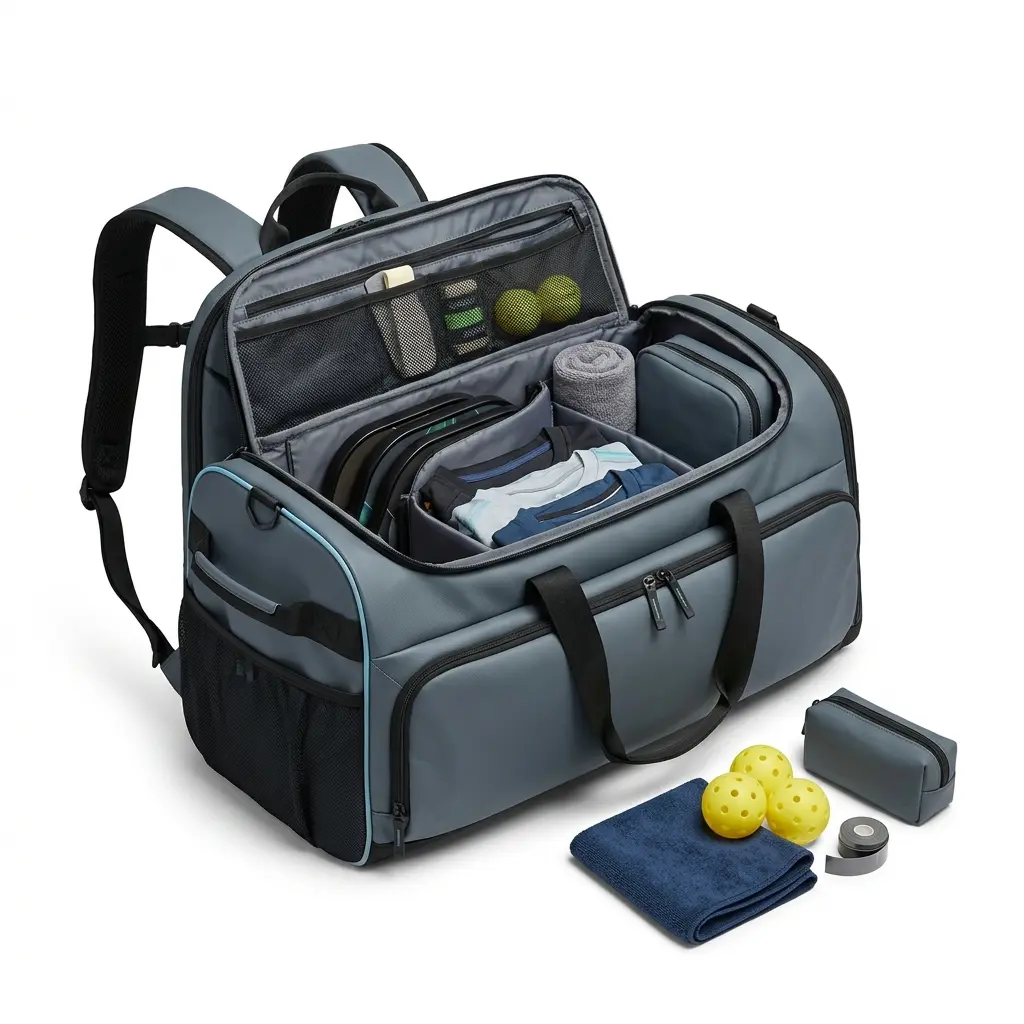 Tournament Hybrid 02, hybrid duffel-backpack with wide-opening main compartment and clearly zoned layout for paddles, apparel, towels, and accessories.