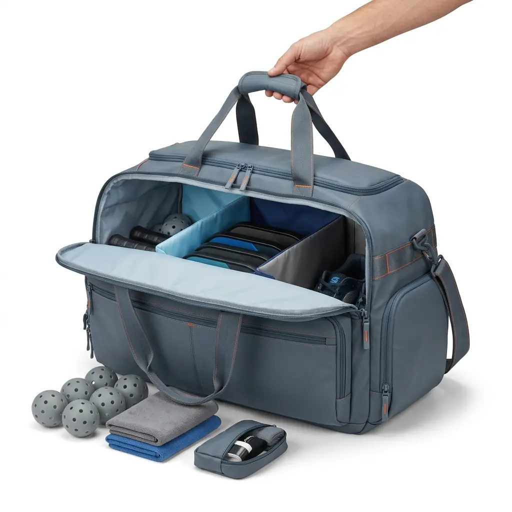Team / Family Bag 02, wide main compartment pickleball team bag with color-coded internal zones to separate gear for different players in club teams and family programs.