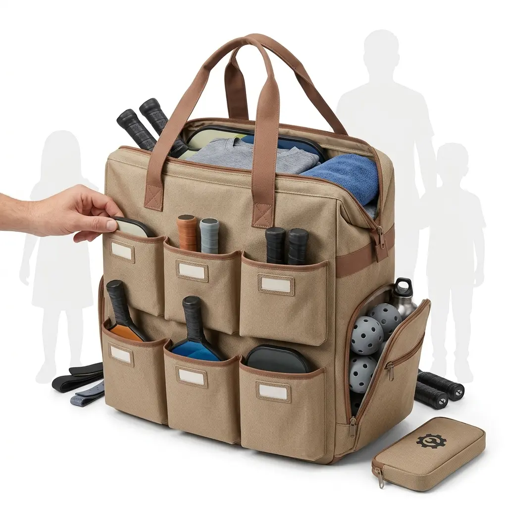 Family Organizer 01, organizer-style pickleball bag with labeled pockets so each family member has a dedicated space for their gear in family play and casual programs.