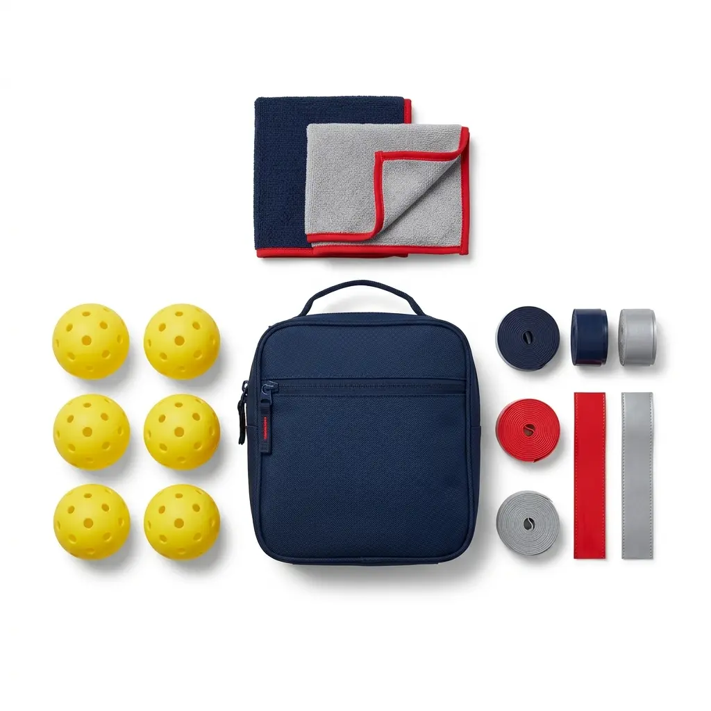 Tournament Accessory Set 01, match-day pickleball set with balls, sweat towels, grip tape, and a courtside accessory bag for quick access during tournament play.