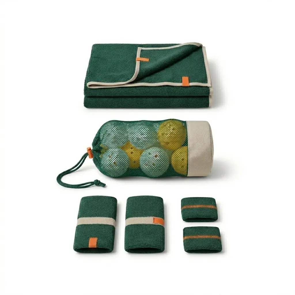 Family Accessory Set 01, family-oriented pickleball set with mixed-size wristbands, lightweight towels, and a shared ball carrier in a green series.