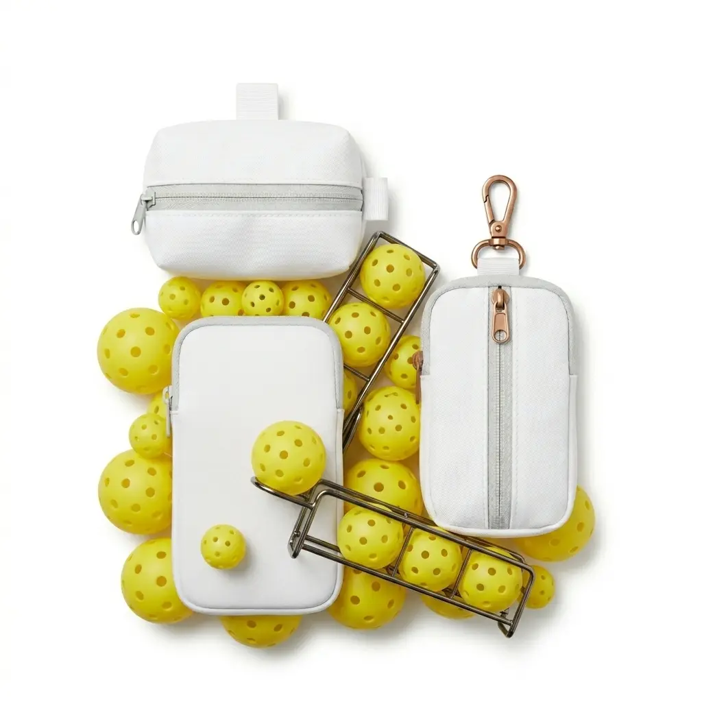 Court-Side Essentials Set, courtside-ready pickleball bundle with a ball holder, phone pocket, and a clip-on accessory bag for fences or benches in a white series.