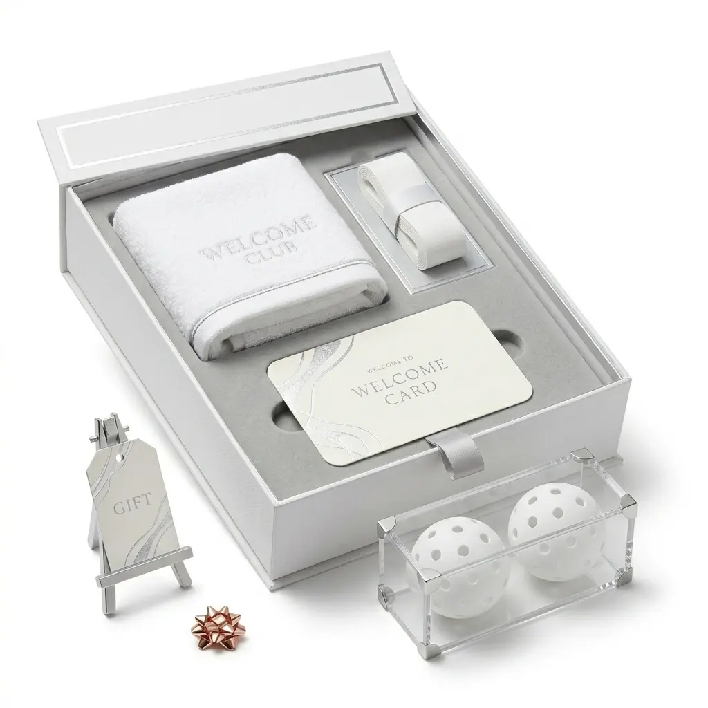 Welcome / Gift Accessory Set, gift-ready pickleball set with a branded towel, grip, welcome card, and premium packaging for events or new members in a white series.