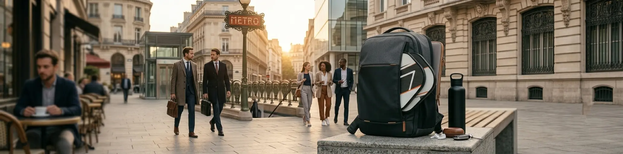 Hero banner showing a modern commuter pickleball bag for 1–2 paddles with laptop and daily essentials in an office-to-court city commute scene.
