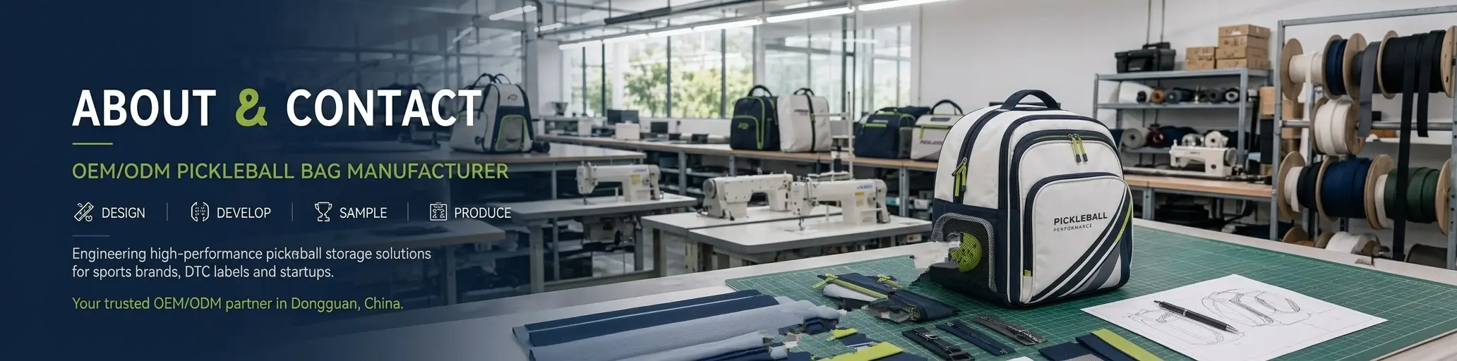 alt="OEM/ODM pickleball bag workshop banner showing custom backpacks and totes on worktables."