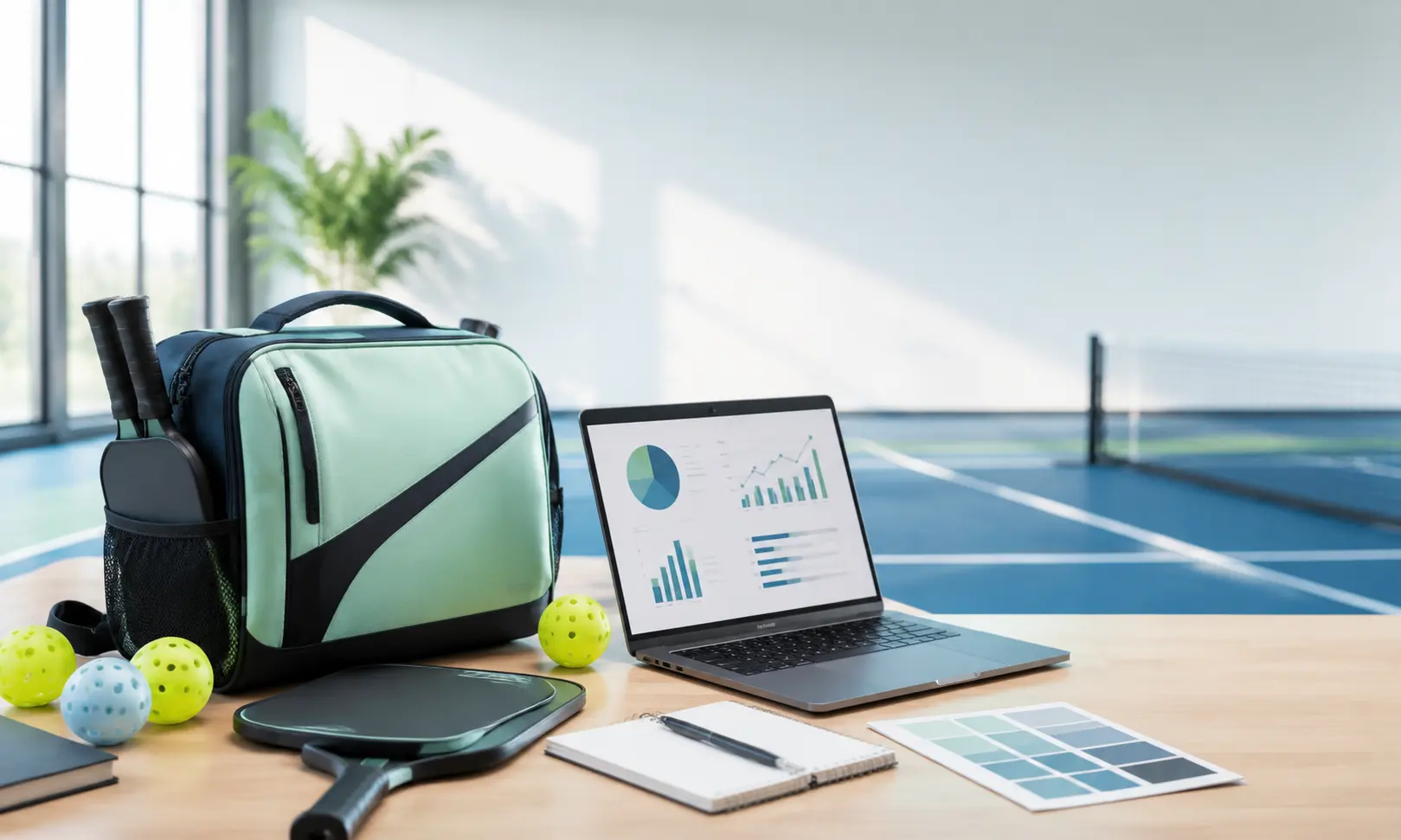 Workspace hero image for product marketing blog about custom pickleball bags and accessories