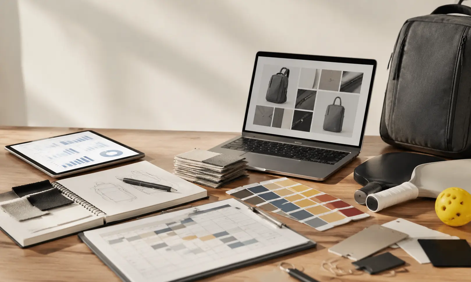 Product management workspace with planning tools, samples, and design materials