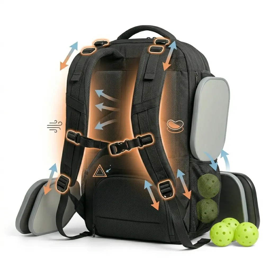 BLACK pickleball backpack with Modular Back System back panel showing adaptable structure for comfort, airflow, and stability, with paddles and balls placed next to the bag, supporting multiple use cases.
