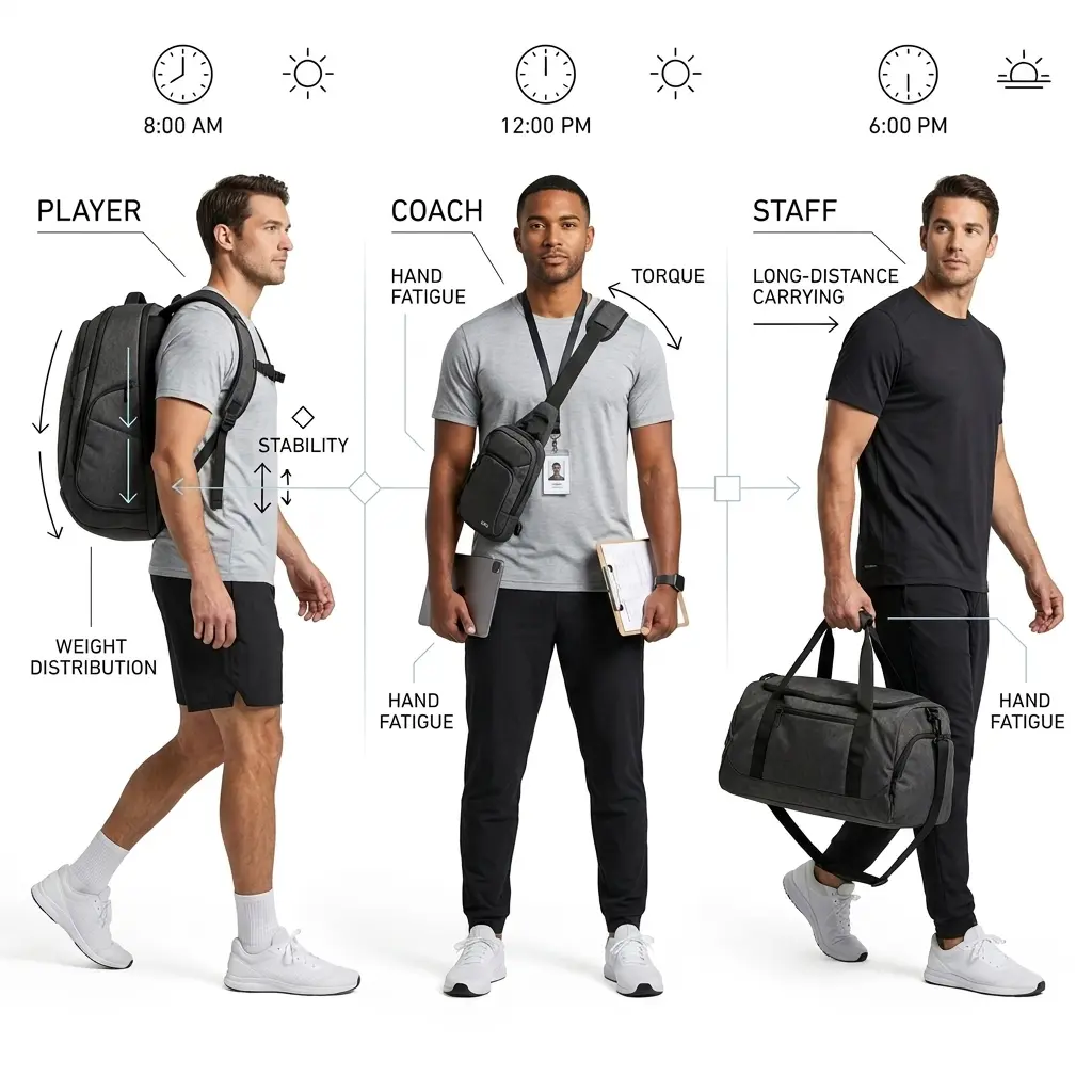 We test our bags with real players, staff, and organizers across full tournament days—not just in controlled lab conditions. This shows how comfort, fatigue, and carry habits actually change from the first match to the final game.