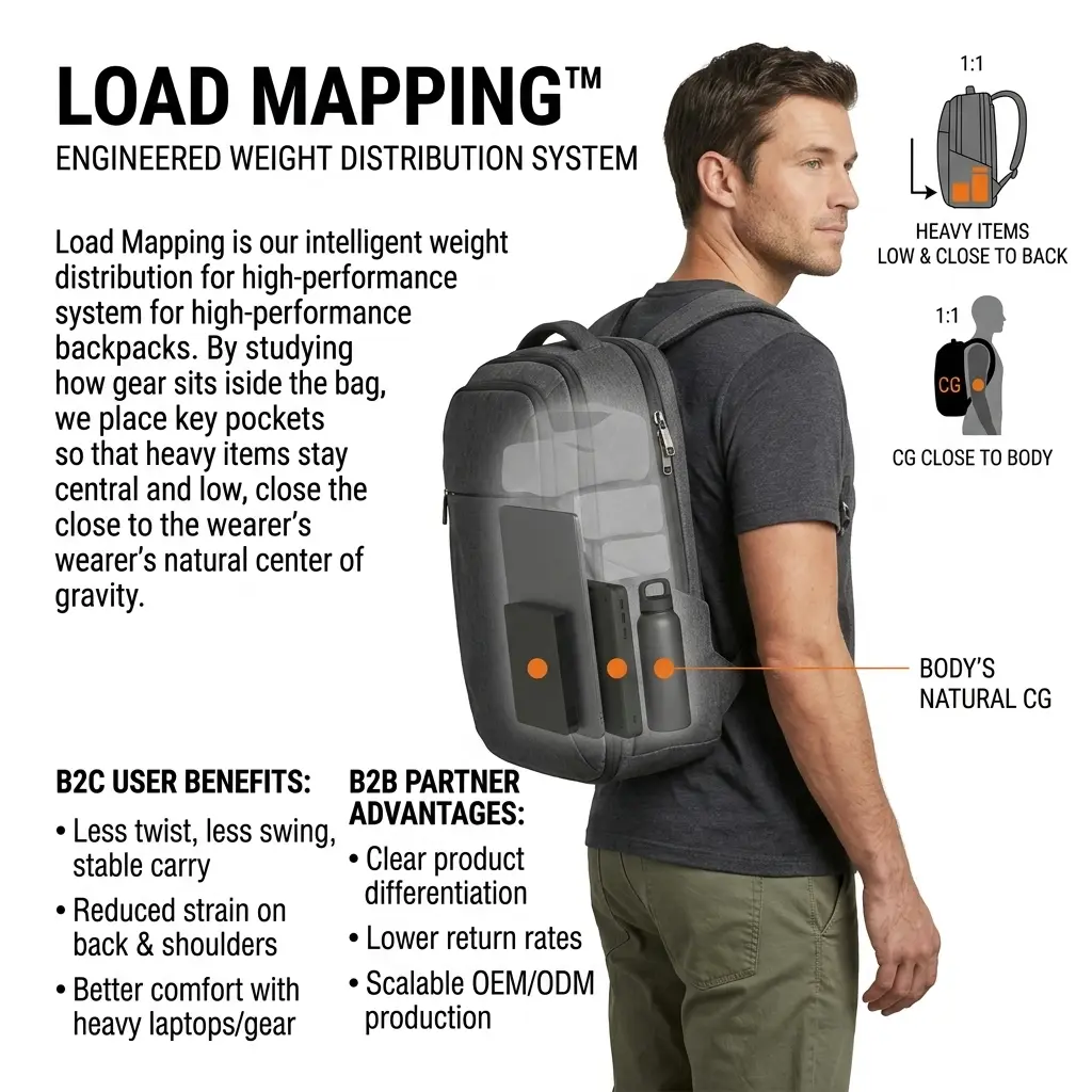 Technical diagrammatic photo of Load Mapping™ system in a backpack, demonstrating the optimal internal organization of heavy items near the center of gravity to improve ergonomic stability and user comfort