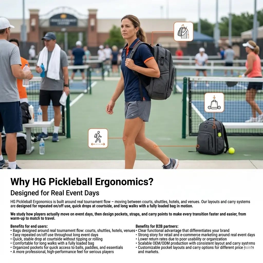 Designed for pickleball players and teams competing in real tournament events across North America and Asia. Whether you're playing at local community courts, regional championship venues, or international event sites, this bag is built for the full event day flow: moving between courts, shuttles, hotels, and venues.

Ideal for players in Singapore, the US, Canada, and other regions with active pickleball tournament circuits.