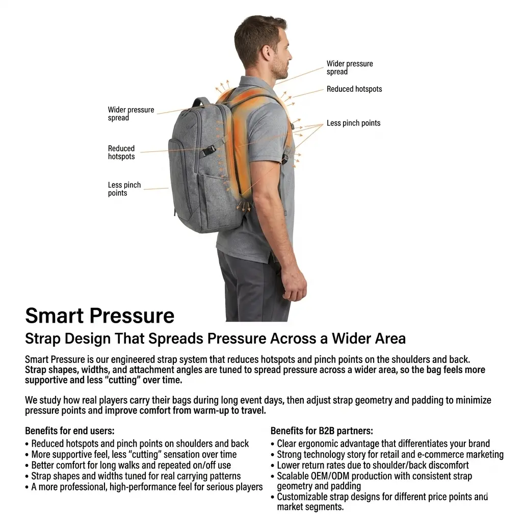 Real model wearing a pickleball bag with Smart Pressure strap design, engineered to spread pressure across a wider area of shoulders and back, reducing hotspots and pinch points for more supportive, less cutting comfort over time.