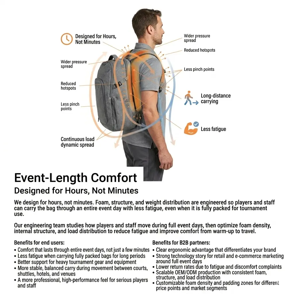 Real model wearing a pickleball bag with Event‑Length Comfort design, engineered for hours not minutes, with foam, structure, and weight distribution to reduce fatigue during full event days when fully packed for tournament use.