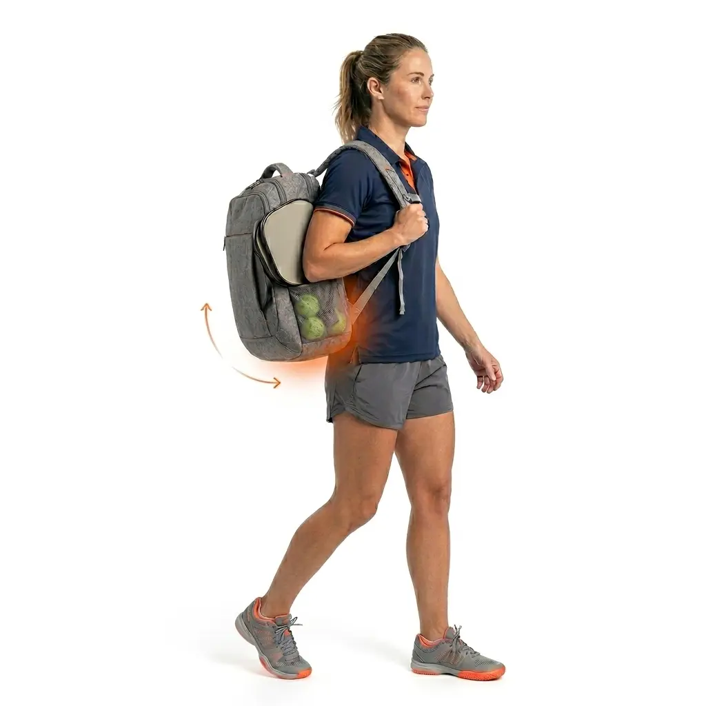 Real model walking with a pickleball bag containing stable paddles and balls, with Dynamic Load Shift design keeping the load stable as the bag moves, staying balanced when walking, turning, lifting, or setting down throughout the day.