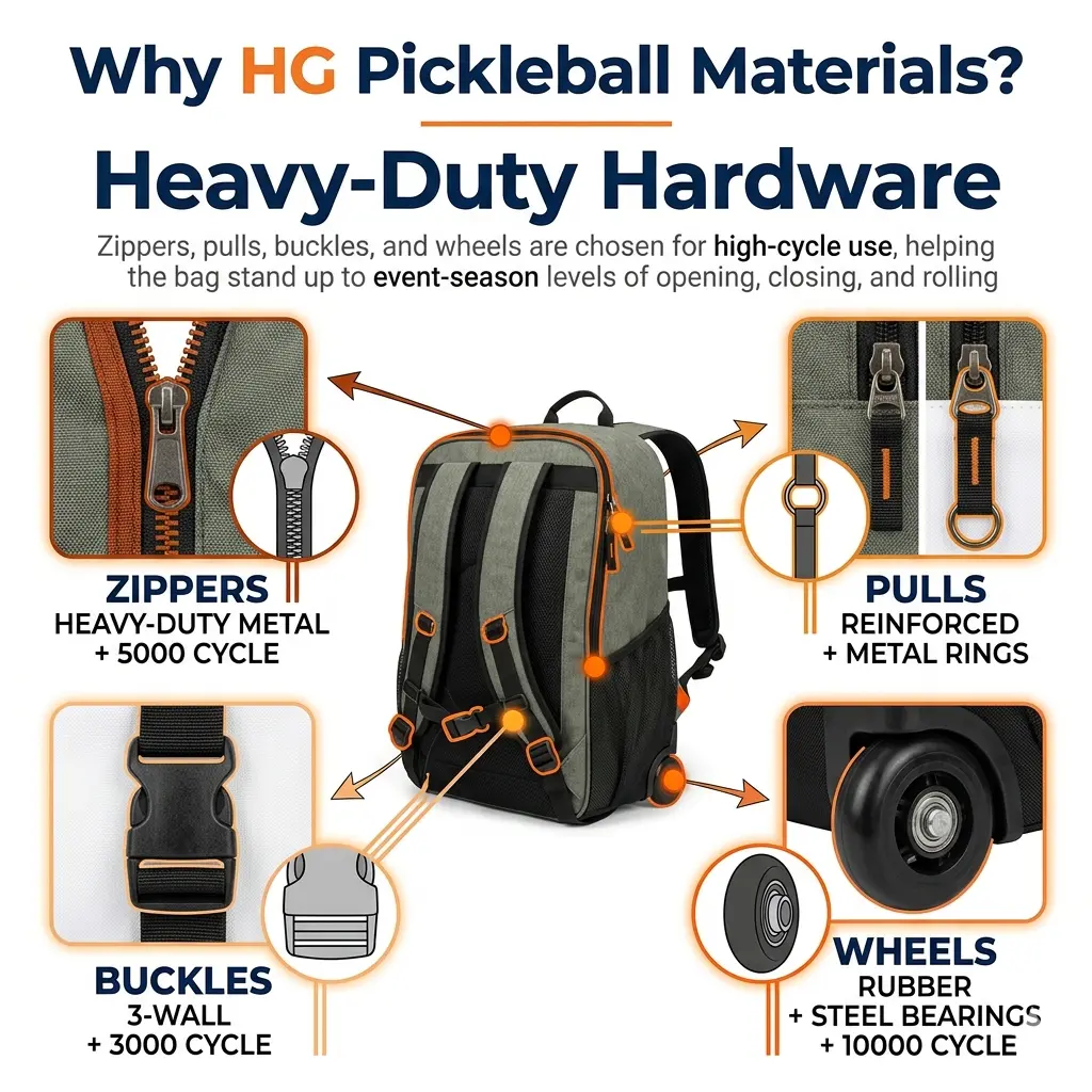 HG Pickleball Heavy-Duty Hardware - ZIPPERS 5000-cycle metal, PULLS reinforced + metal rings, BUCKLES 3000-cycle 3-wall, WHEELS 10000-cycle rubber + steel bearings, high-cycle use, event-season durability, 800×800