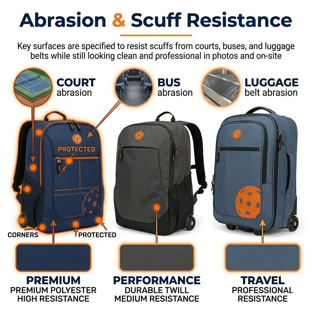 HG Pickleball Abrasion & Scuff Resistance - PREMIUM deep navy HIGH RESISTANCE polyester, PERFORMANCE charcoal gray MEDIUM RESISTANCE twill, TRAVEL slate blue PROFESSIONAL RESISTANCE fabric, pickleball bag key surfaces resist court bus luggage scuffs, professional style, 800×800