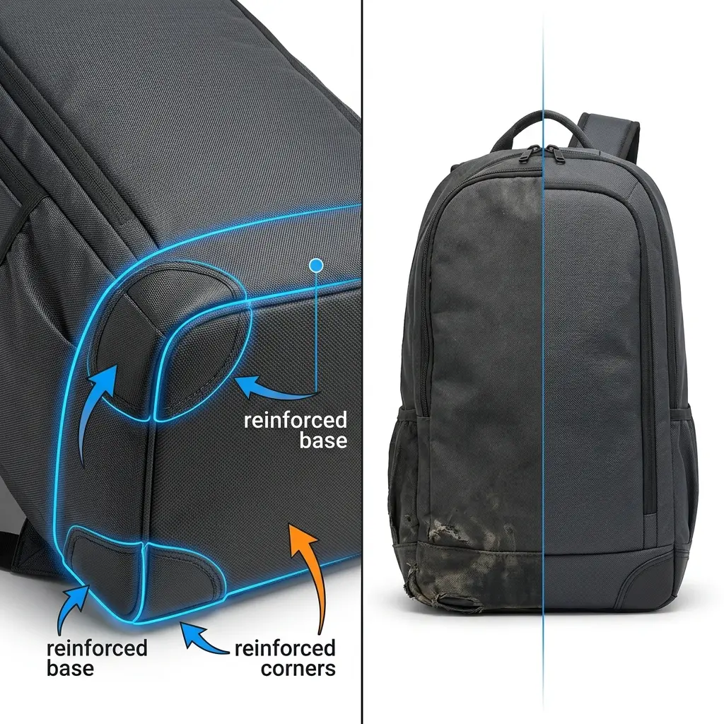 Pickleball backpack showing reinforced base and corners close-up with wear comparison (regular backpack worn base vs. reinforced backpack intact base), designed for rough surfaces, frequent landing, repeated loading, key durability features.