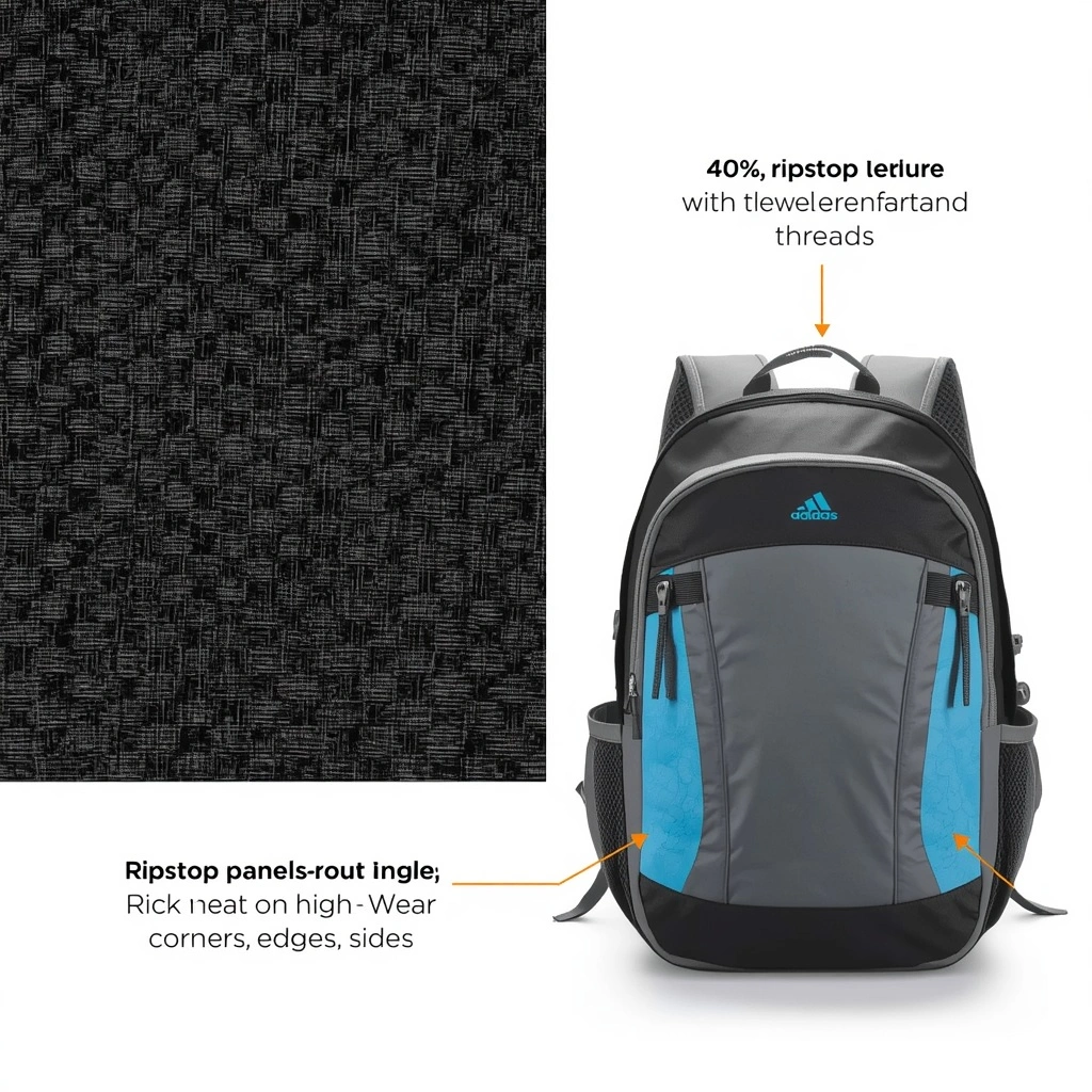 Pickleball backpack showing ripstop fabric close-up with visible woven texture and cross pattern on left side, ripstop panel areas on high-wear corners edges sides on right side, PURE WHITE background, prevents snagging and edge tearing during transport and activity setup