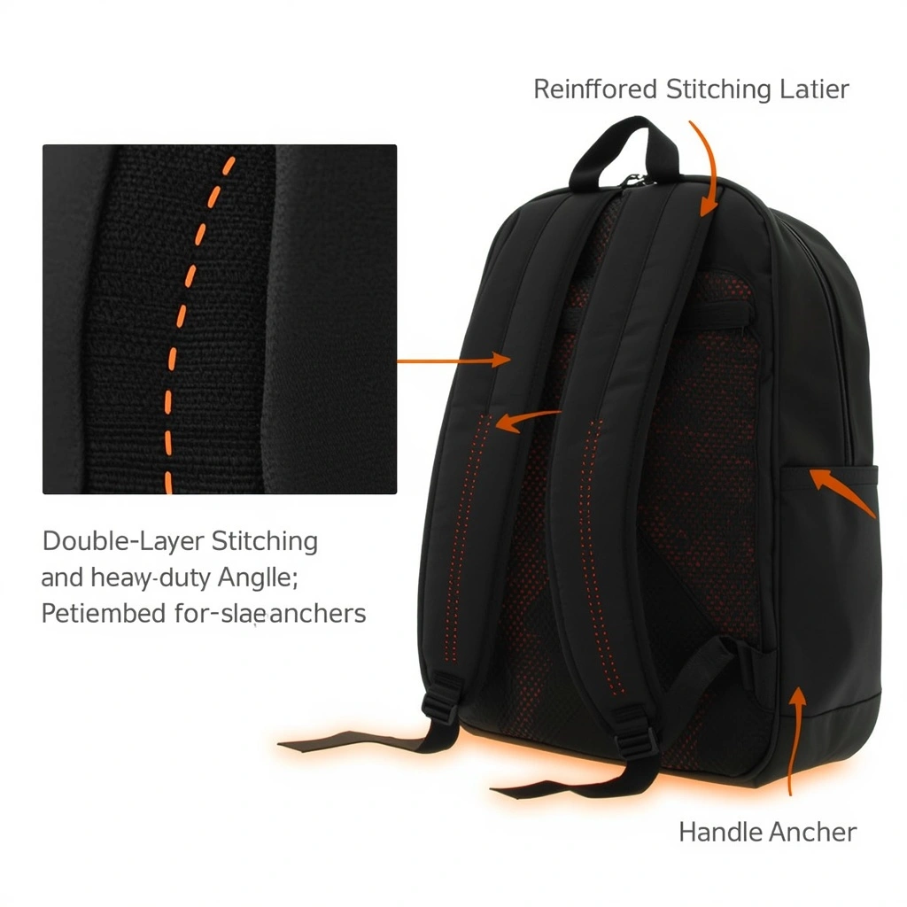 Pickleball backpack showing reinforced stitching pattern CLOSE-UP on strap anchor with double-layer stitching and heavy-duty thread on left side, handles and straps with reinforced stitching anchors on right side, PURE WHITE background, stitching remains secure even under full tournament loads