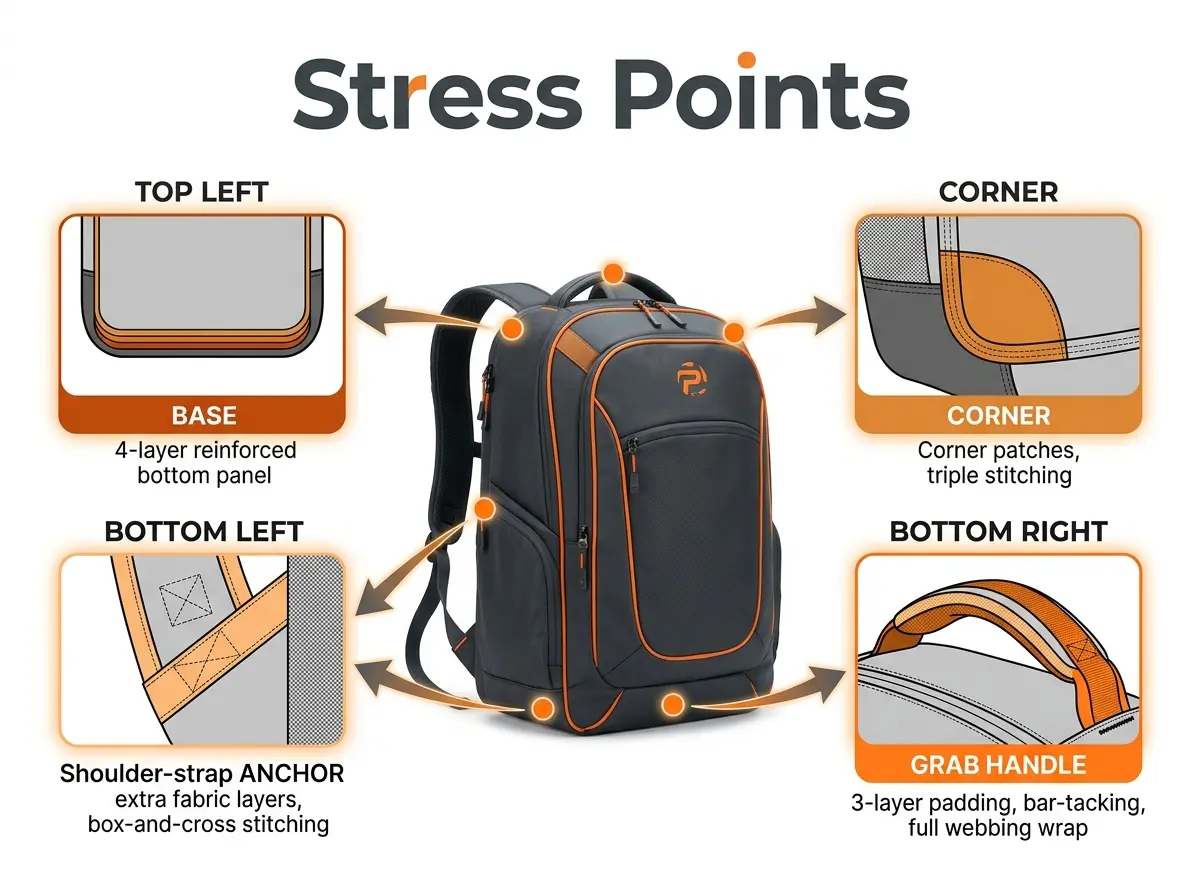HG Pickleball Stress Points - deep charcoal gray backpack with orange accents, BASE 4-layer reinforced bottom, CORNERS triple stitching, STRAP ANCHORS extra layers, GRAB HANDLES bar-tacking webbing, bags fail at stress points, extend working life keep shape, premium style, 1200×900 4:3