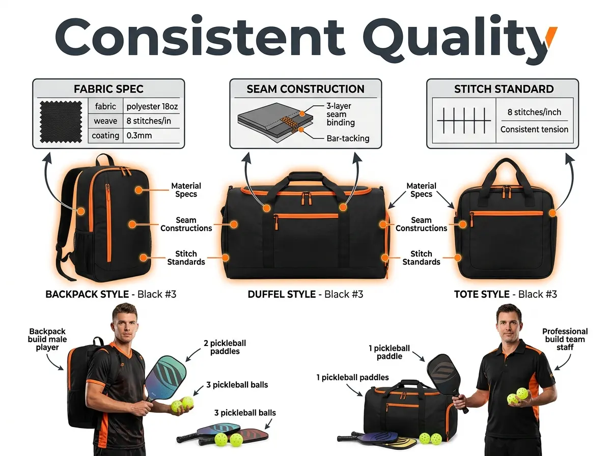 HG Pickleball Consistent Quality - THREE BLACK #3 bags different shapes BACKPACK DUFFEL TOTE, same quality real people male player with paddles balls team staff, material specs seam construction stitch standards quality checkpoints, 1200×900