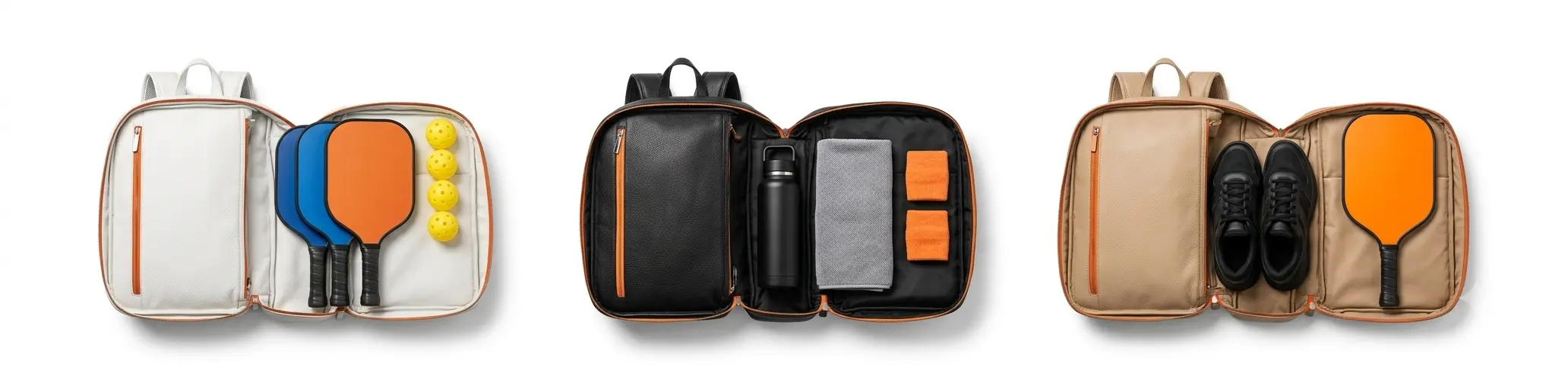HG Pickleball Organization & Use - THREE PURE LEATHER bags WHITE BLACK BEIGE, bag 1 paddles balls, bag 2 bottle towel wristbands, bag 3 shoes paddle, organization variety different use cases, premium luxury leather, visual contrast, no text ultra-wide banner 1920×480