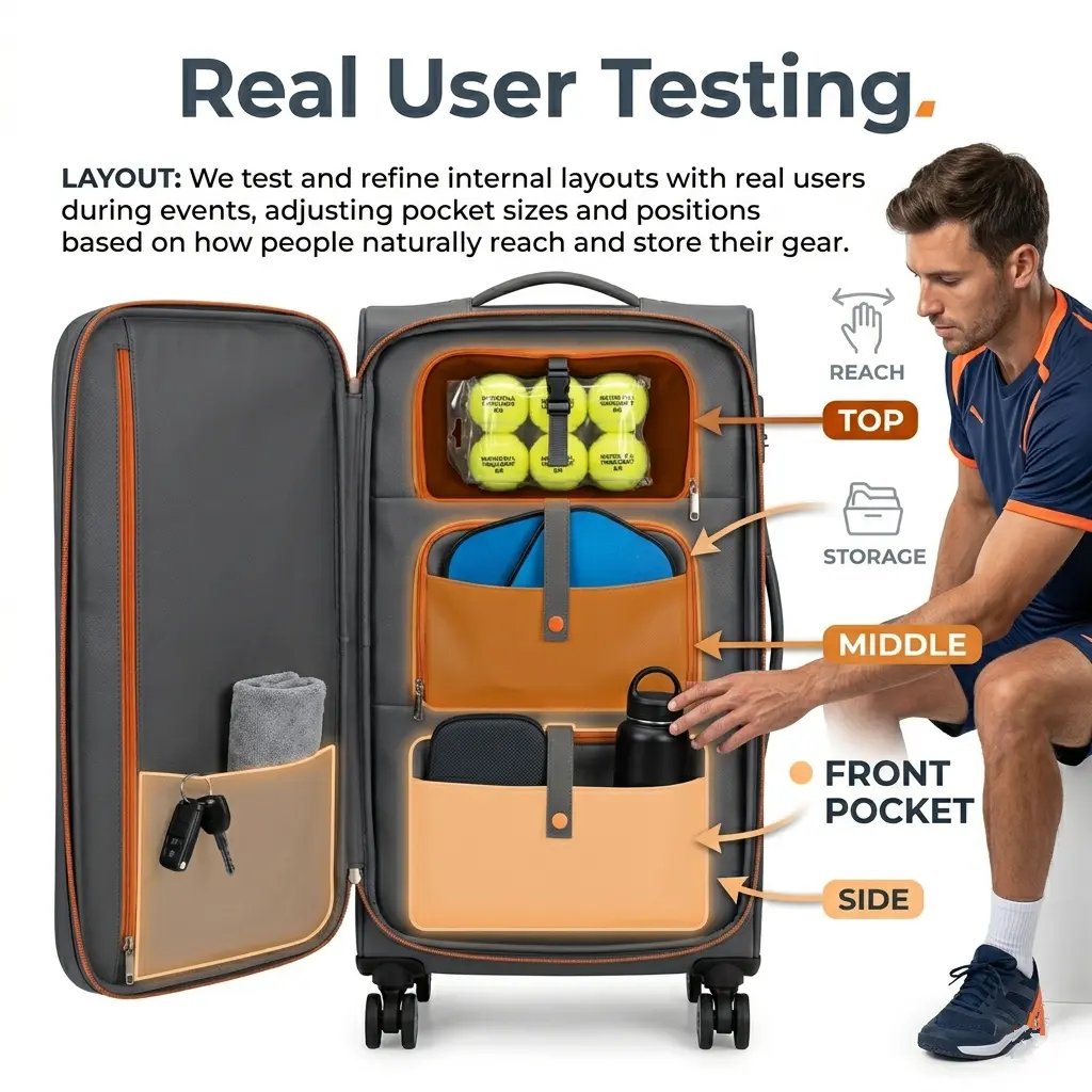 HG Pickleball Real User Layout Testing - CHARCOAL GRAY pure leather TOTE bag square compact REAL male player navy jersey reaching into bag testing FOUR adjusted pockets TOP balls, MIDDLE paddles, FRONT bottle, SIDE towel keys, test refine internal layouts real users events, adjusting pocket sizes positions naturally reach store gear, 800×800