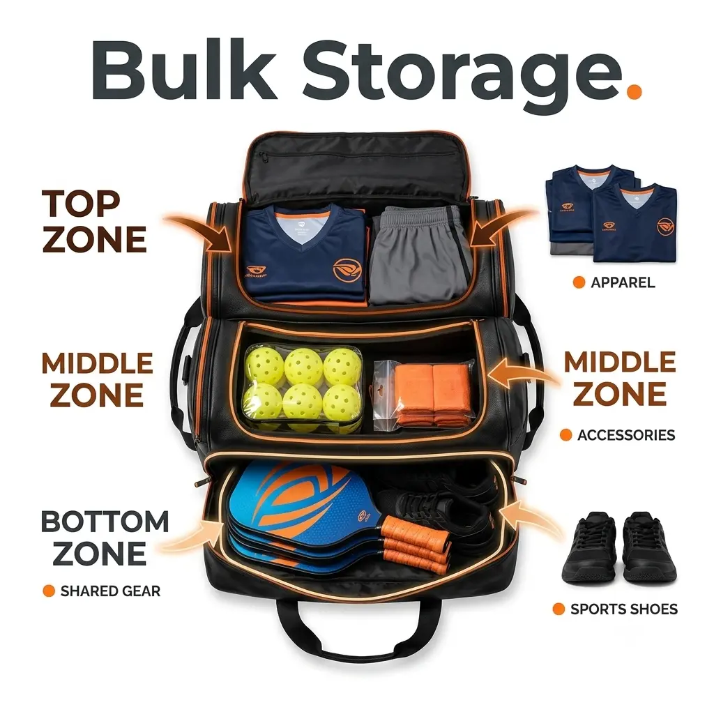 HG Pickleball Bulk Storage Clear Separation - BLACK pure leather travel duffel opened THREE zones TOP apparel jerseys shorts, MIDDLE accessories balls wristbands, BOTTOM shared gear paddles shoes, bulk storage clear separation traveling teams more room zoning apparel accessories shared gear, larger loads manageable easier repack long days road, 800×800