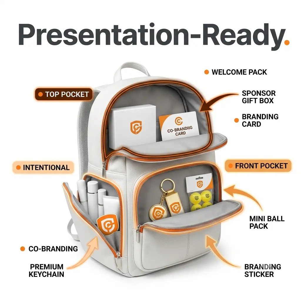 HG Pickleball Presentation-Ready - WHITE pure leather backpack opened THREE pockets TOP welcome pack sponsor gifts, FRONT co-branding keychain balls, SIDE intentional toiletries stickers, presentation-ready internal arrangements welcome packs sponsor gifts co-branded items neat premium intentional, polished from first moment, white bag, 800×800