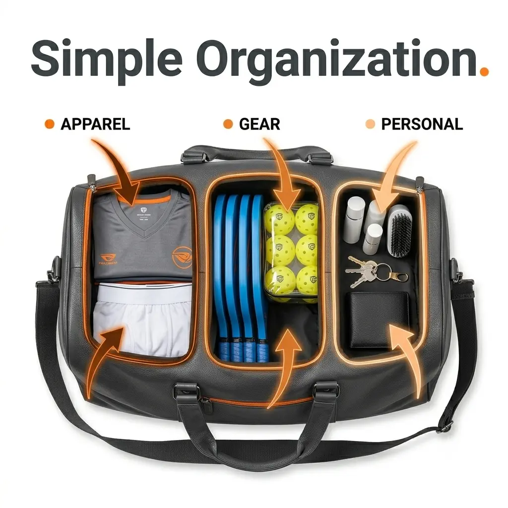 HG Pickleball Simple Repeatable Organization - CHARCOAL GRAY pure leather DUFFEL bag opened THREE zones LEFT apparel t-shirts, CENTER gear paddles balls, RIGHT personal toiletries keys wallet, simple repeatable organization members club academy regular use system easy understand easy repack everyday organization natural not complicated, duffel style not backpack, 800×800