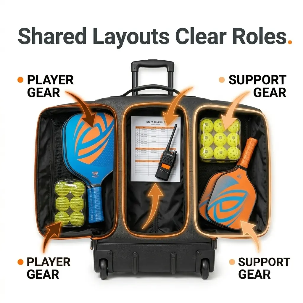 HG Pickleball Shared Layouts Clear Roles - BLACK pure leather TROLLEY DUFFEL bag telescopic handle wheels opened THREE zones PLAYER gear paddles balls, STAFF gear schedule radio, SUPPORT gear balls paddles, shared layouts clear roles flexible event-ready packs one user type role gear separated easy identify, consistent bag system players staff support teams, trolley style telescopic handle wheels, 800×800