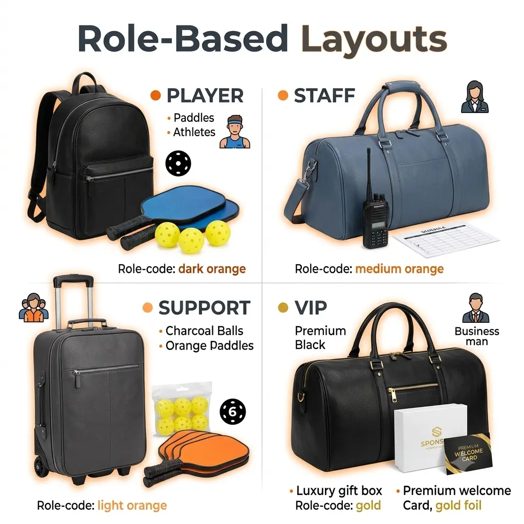 HG Pickleball Role-Based Layouts - FOUR DIFFERENT BAGS 2x2 grid BLACK BACKPACK PLAYER paddles balls, SLATE BLUE DUFFEL STAFF radio schedule, CHARCOAL TROLLEY SUPPORT balls paddles, BLACK VIP DUFFEL VIP sponsor gift card, document what each role carries paddles balls radios welcome gifts, use lists foundation for each layout, 800×800