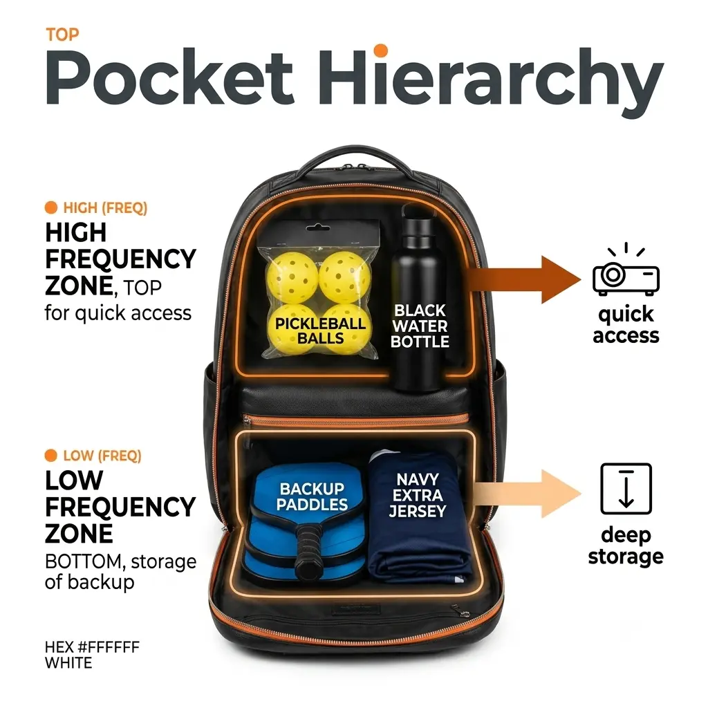 HG Pickleball Pocket Hierarchy by Frequency - BLACK pure leather backpack opened TWO zones HIGH FREQUENCY quick-access balls bottle, LOW FREQUENCY deep storage backup paddles jersey, high freq items quick-access zone, low freq backup items deeper in bag simple daily use, 800×800