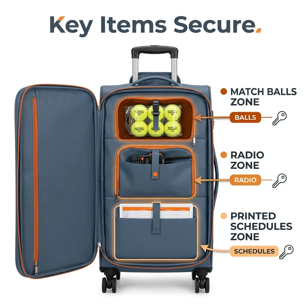 HG Pickleball Key Items Secure Locations - SLATE BLUE pure leather TROLLEY bag telescopic handle wheels opened THREE zones BALLS match balls 6 balls, RADIO black radio, SCHEDULES printed schedules, key items match balls radios printed schedules clearly defined secure locations easy find when time tight, TROLLEY style telescopic handle wheels, 800×800