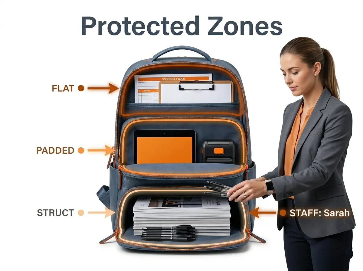 HG Pickleball Protected Device Document Zones - SLATE BLUE pure leather backpack opened THREE zones FLAT schedule clipboard, PADDED tablet printer, STRUCT printed pens, schedules tablets clipboards printed materials different from clothing towels, flat padded structured zones documents readable devices protected transit, operational tools intact ready use bag fully loaded, very short text FLAT PADDED STRUCT, 1200×900