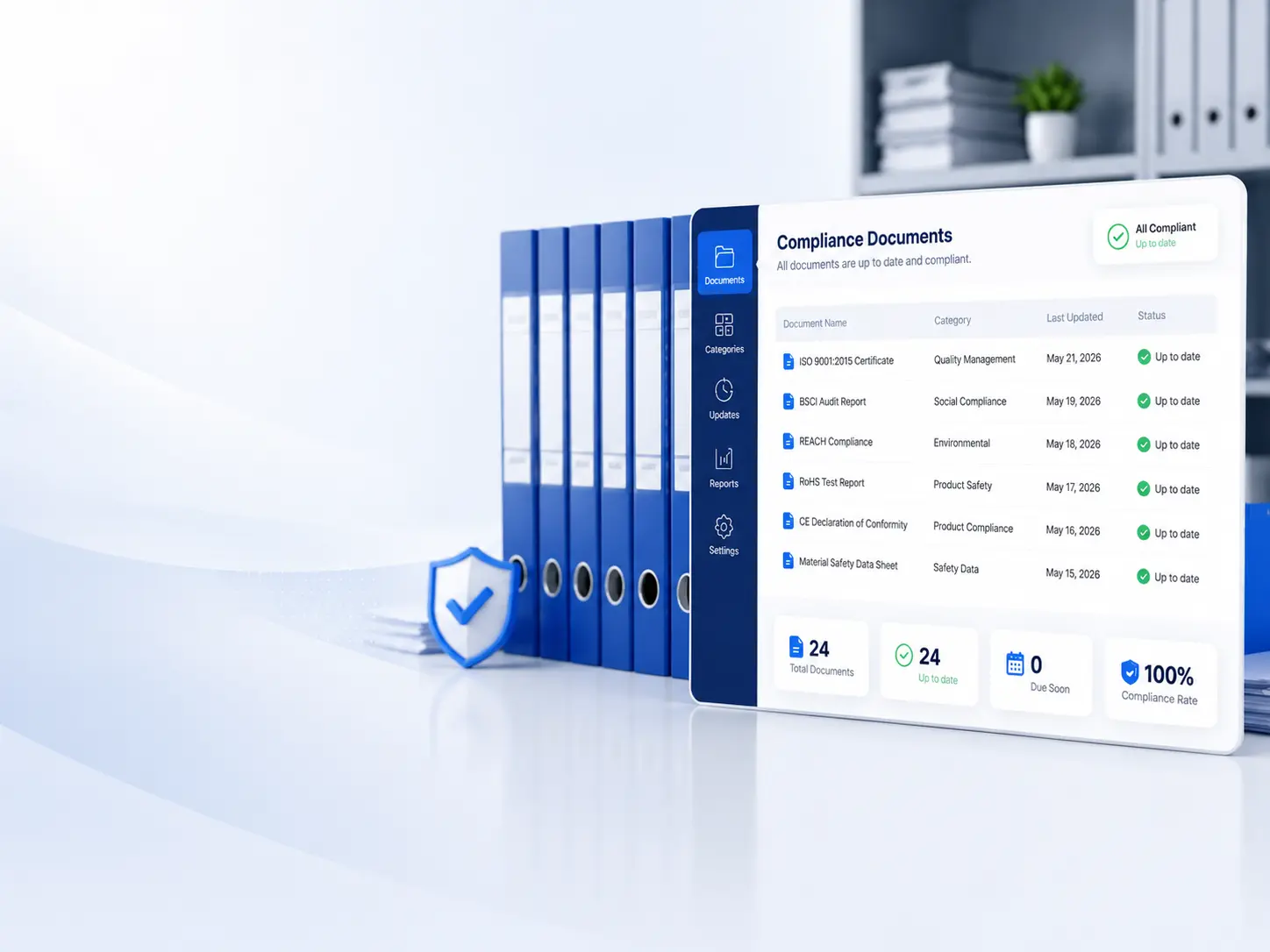 Compliance documents folder showing organized and up-to-date factory compliance files