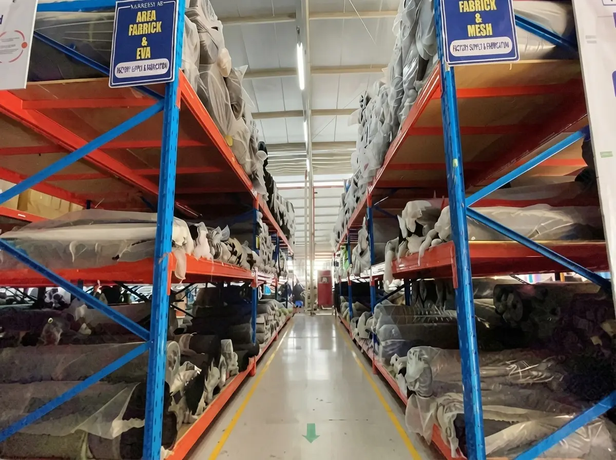 Indonesia Fabric Warehouse – Organized storage and preparation of materials for OEM/ODM bag production Indonesia fabric warehouse with organized material storage for OEM/ODM pickleball bag production