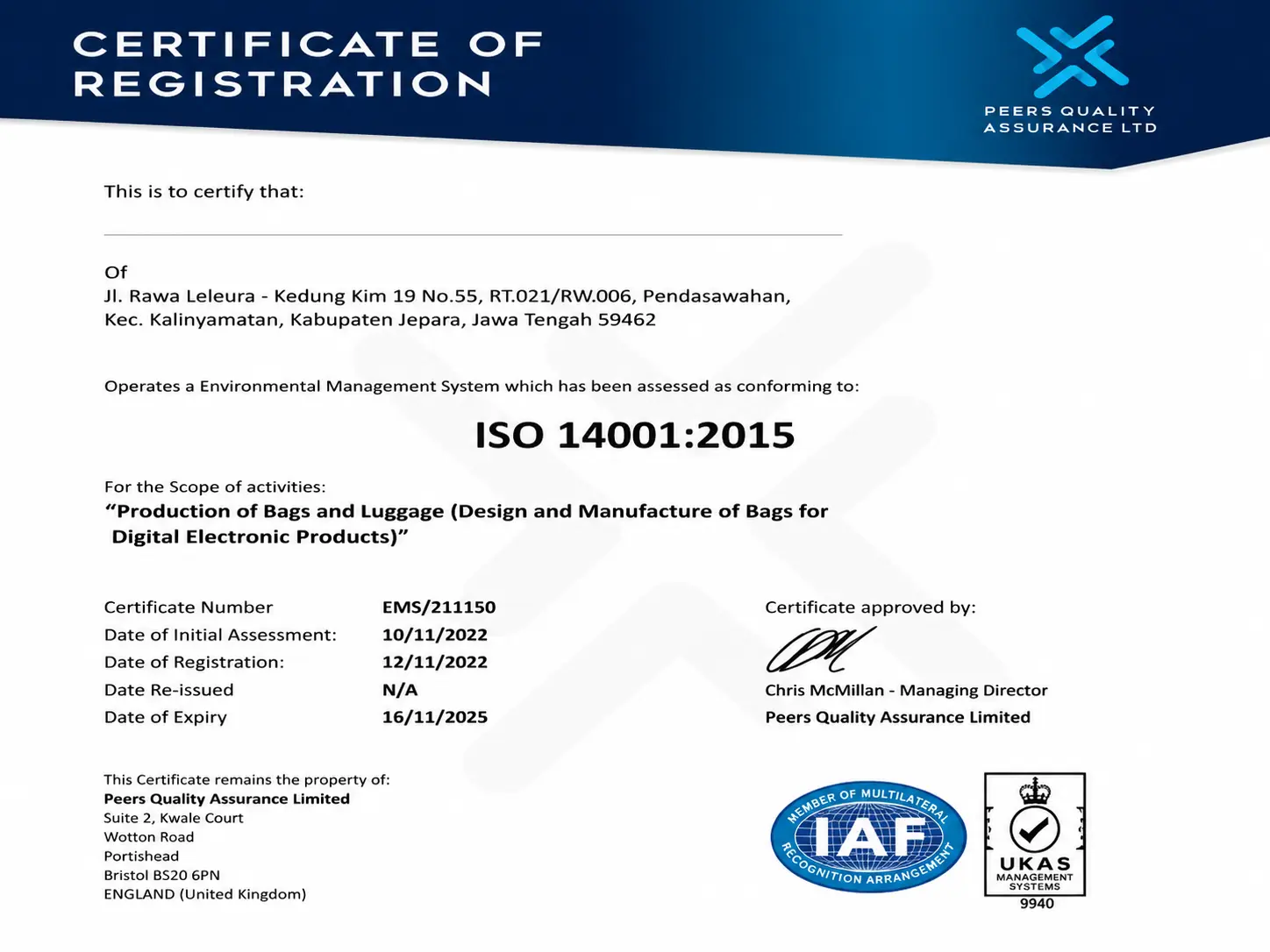 Certificate of registration for ISO 14001:2015 environmental management system.