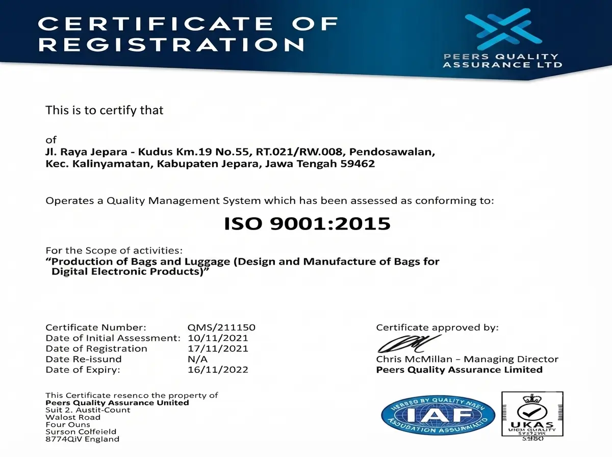 ISO 9001:2015 quality management certificate for HG Pickleball factory