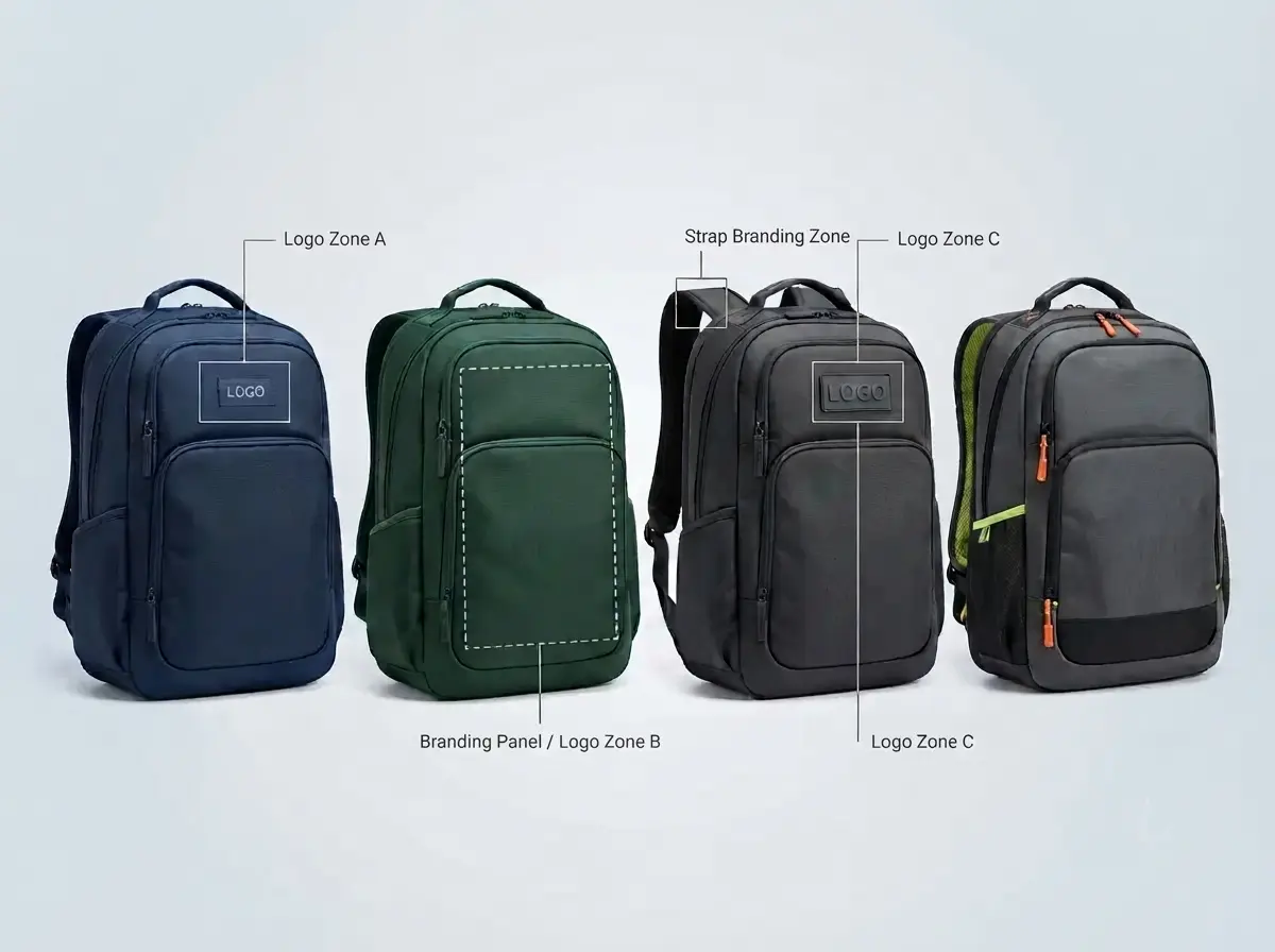 Customized corporate gift backpacks arranged in a row at a sports event