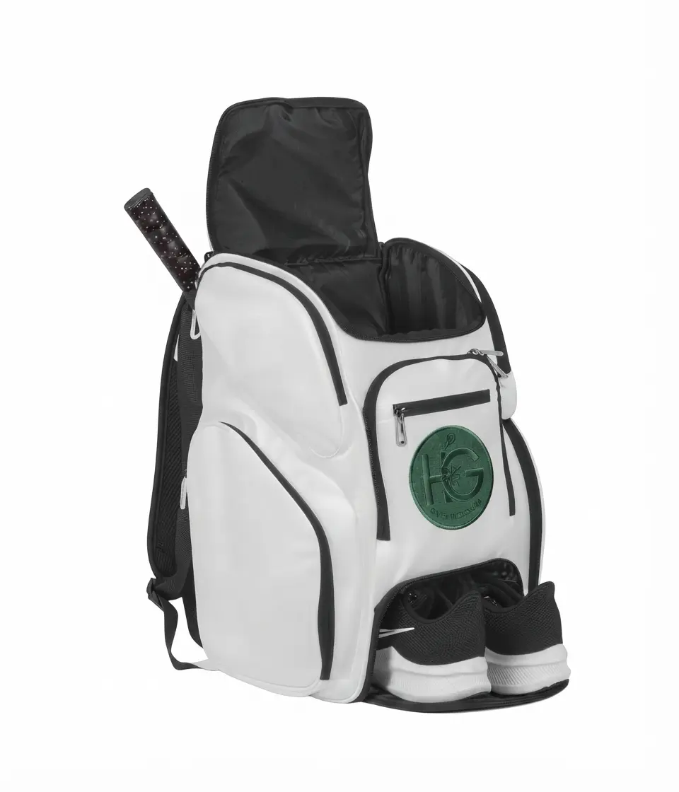 Professional OEM pickleball backpack technical blueprint showing standard dimensions and gear compartments