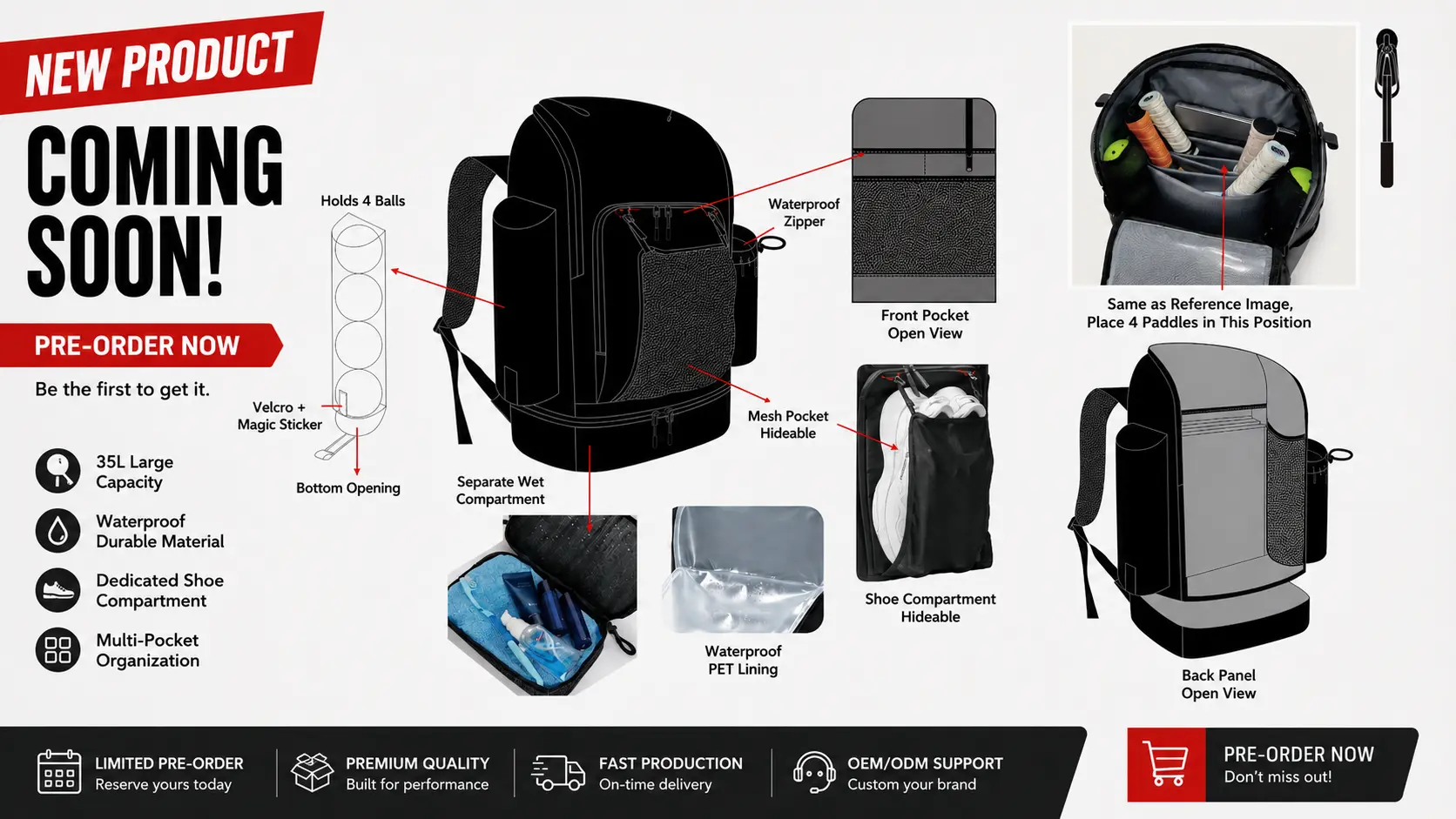 35L pickleball backpack with paddle, ball, shoe and wet compartments