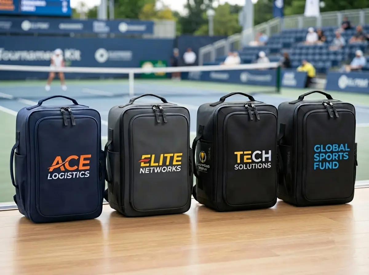 Customized corporate gift backpacks arranged in a row at a sports event