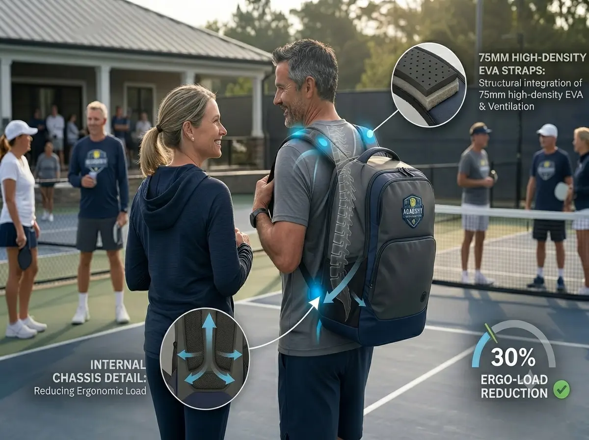 Ergonomic pickleball backpack with weight distribution technology for more comfortable, court-ready carrying