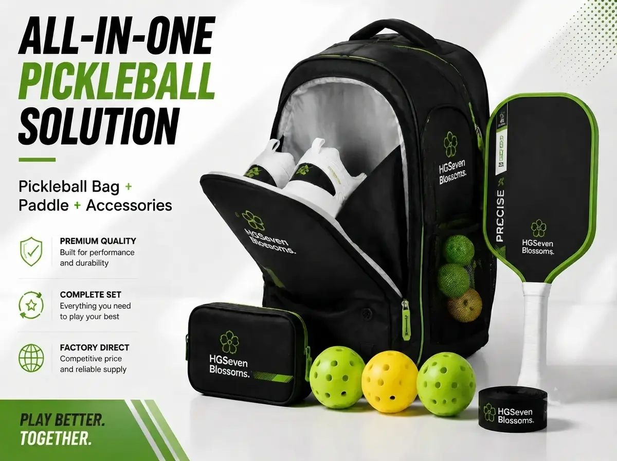 Complete pickleball OEM/ODM solutions hero image showing bags, fabrics, foam padding, and paddles