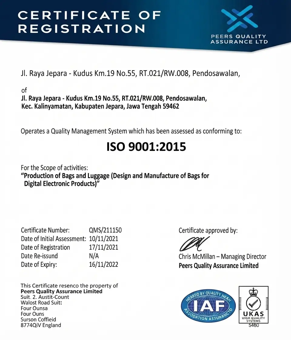 ISO 9001:2015 quality management certification for HG Pickleball