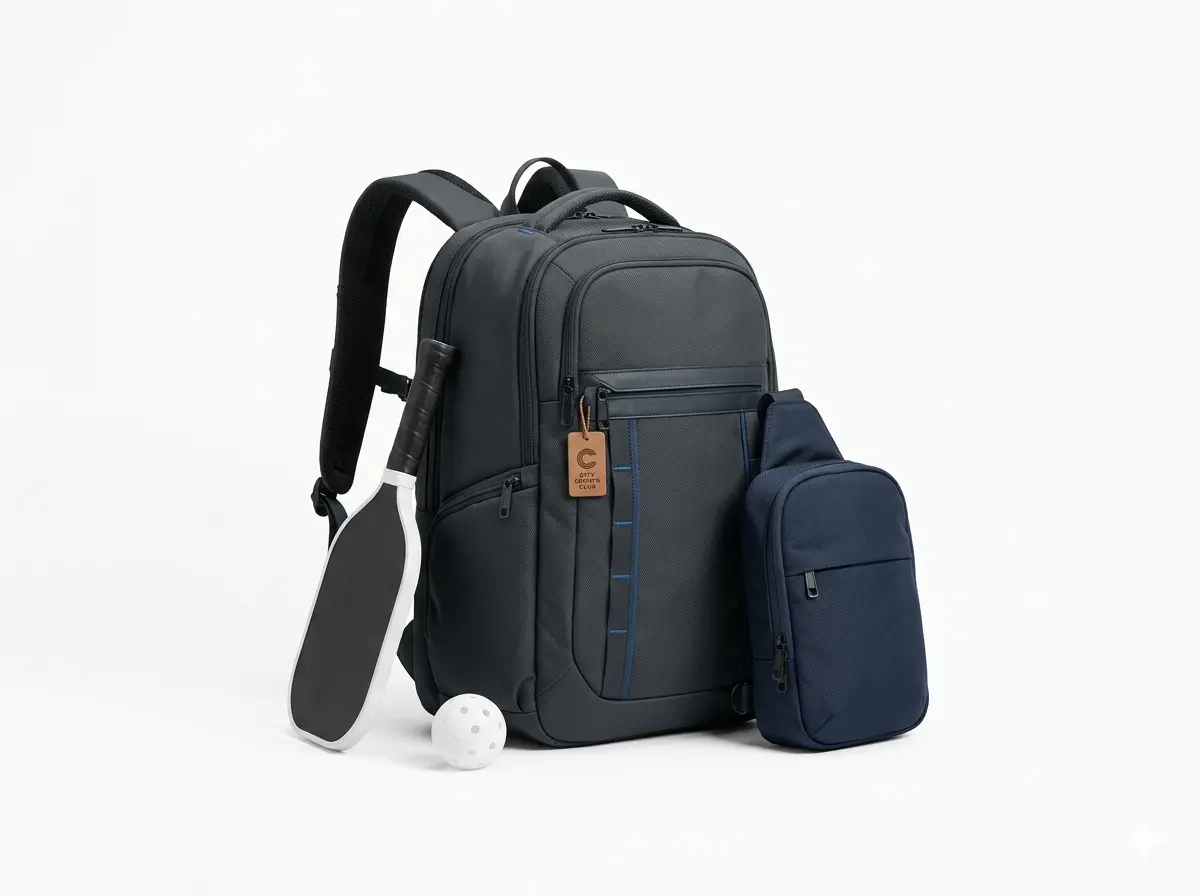 Club essentials starter kit for new pickleball members including a performance backpack and compact sling bag with custom logo placement options for team equipment programs